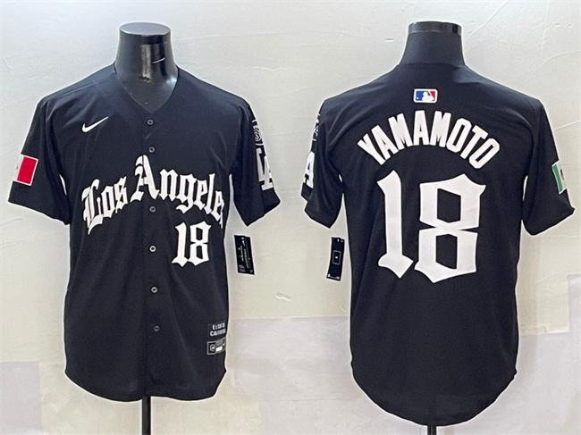 Men's Los Angeles Dodgers #18 Yoshinobu Yamamoto Black Mexico 2025 LA Gothic Style With Fernando Patch Vapor Premier Limited Stitched Baseball Jersey Men's Los Angeles Dodgers #18 Yoshinobu Yamamoto Black Mexico 2025 LA Gothic Style With Fernando Patch Vapor Premier Limited Stitched Baseball Jersey
